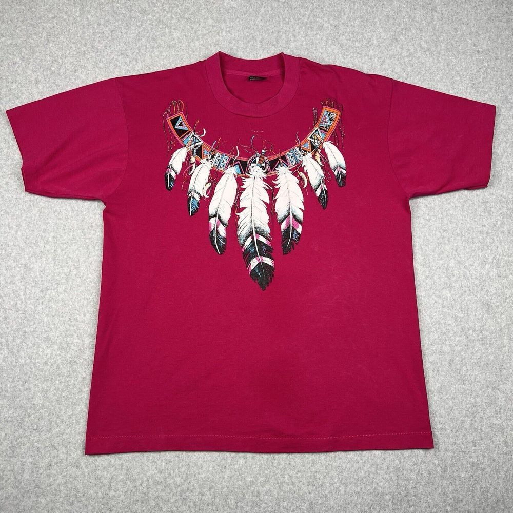 Vintage Native American Shirt XL Pink 90s Single Stitch Feathers Tee Made In USA